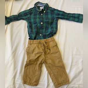 Carter’s Green Plaid Collared One Piece & Khaki Pants 6m 6 Months Set Baby Boy